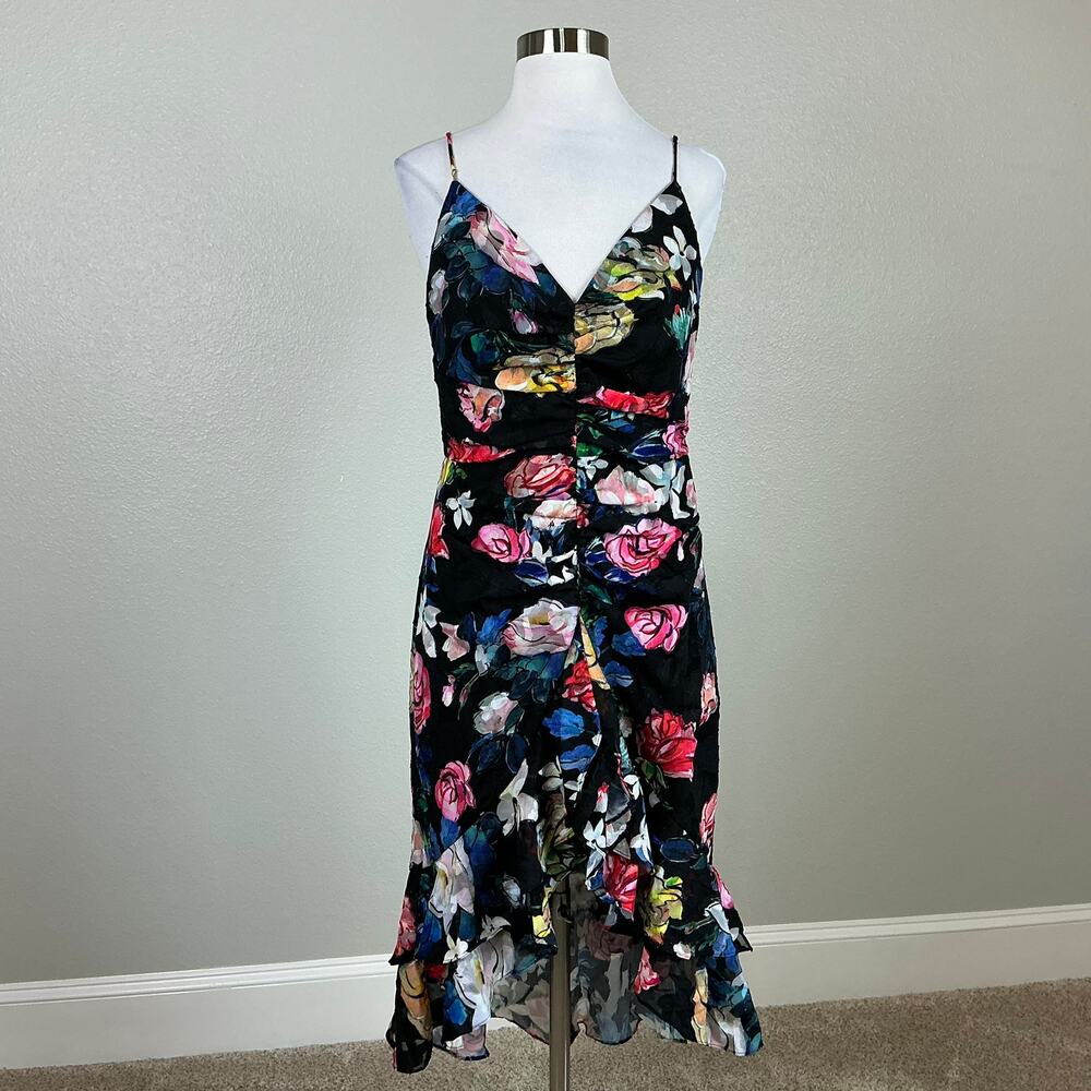Aidan Mattox Floral Print Ruched High-Low Sleeveless Cocktail Dress Black Size 6 - Picture 2 of 13
